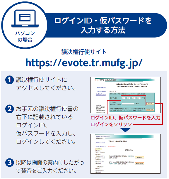 パソコンの場合　議決権行使サイトhttps://evote.tr.mufg.jp/①議決権行使サイトにアクセスしてください　②お手元の議決権行使書の右下に記載されているログインID、仮パスワードを入力し、ログインしてください